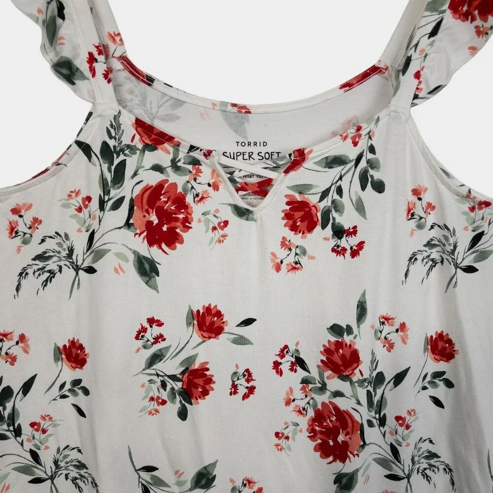 Torrid Super Soft Knits Ivory Red Floral Ruffle Tank Top Shirt Women's Plus 00 - Picture 3 of 7